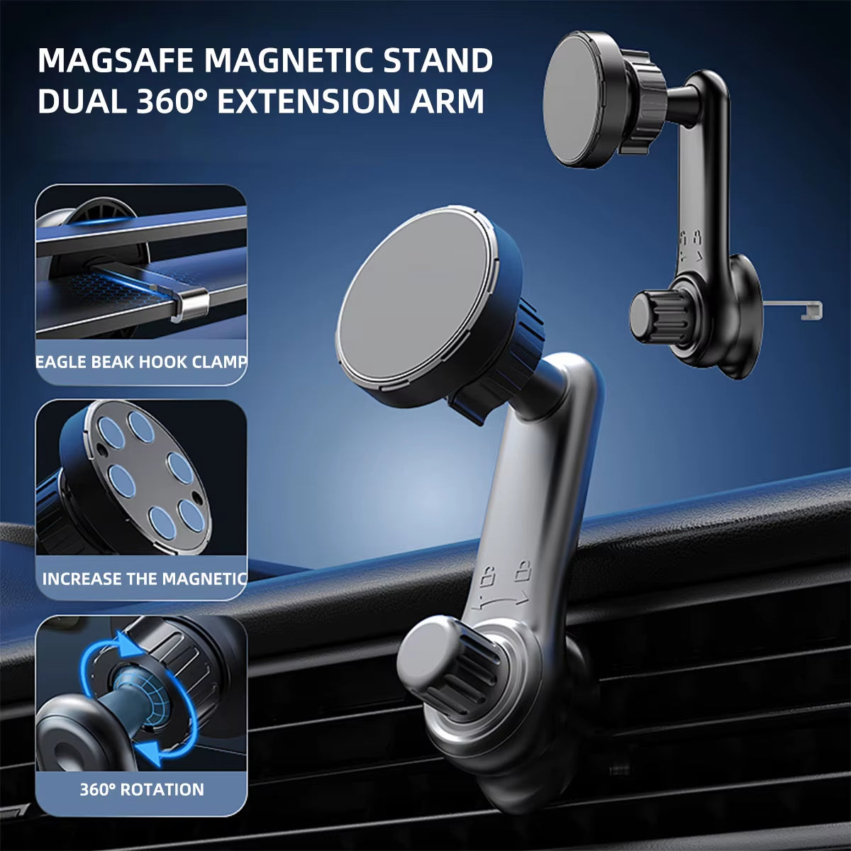 Magnetic Car Phone Holder for 4.7–7-Inch Smartphones, Air Vent Mount with Shock-Resistant GPS Stand