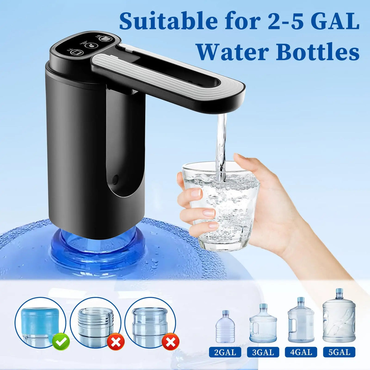 Portable Automatic Water Dispenser Pump for 5-Gallon Bottles, USB-C Rechargeable, Black