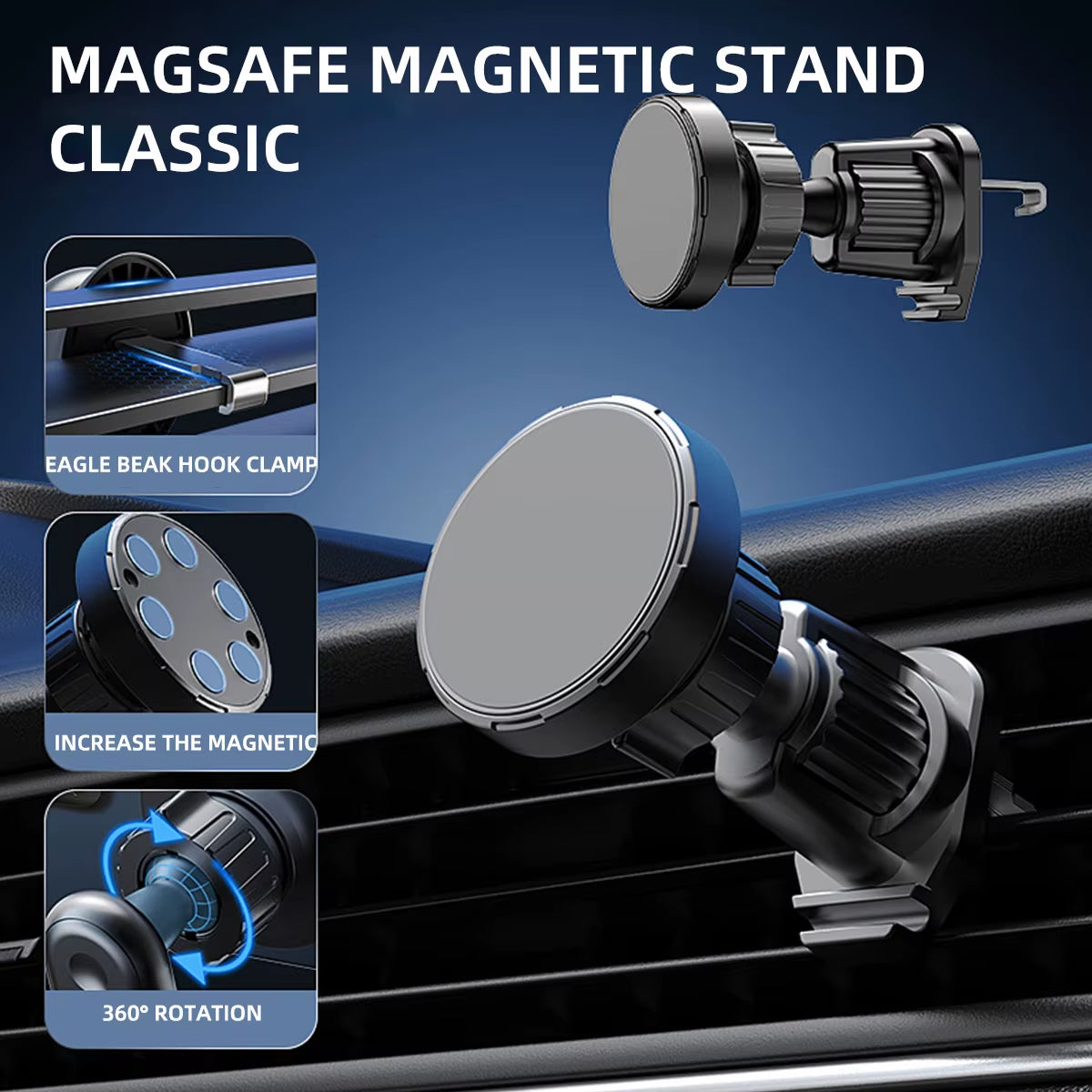 Magnetic Car Phone Holder for 4.7–7-Inch Smartphones, Air Vent Mount with Shock-Resistant GPS Stand