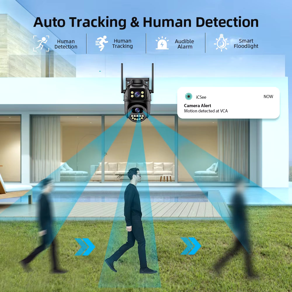 Dual-Lens Wi-Fi PTZ Security Camera with AI Auto-Tracking, Two-Way Audio, and iCSee App
